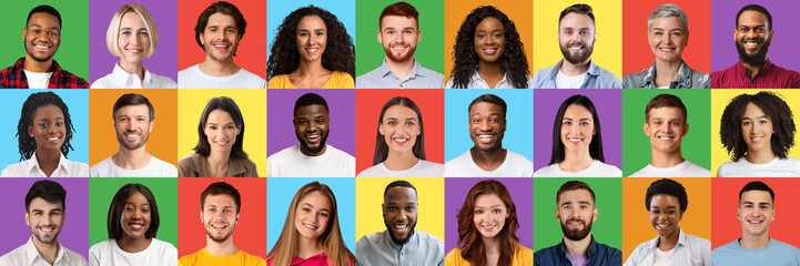 Fototapeta na wymiar Multiracial people faces mosaic. Set of various men and women portraits smiling and posing over colorful backgrounds