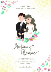 Bride and groom cartoon minimal wedding invitation template cute florals on white background.