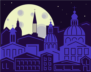 Rome is the capital of Italy. Full moon over old town city. European architecture silhouette cityscape night. Flat style.