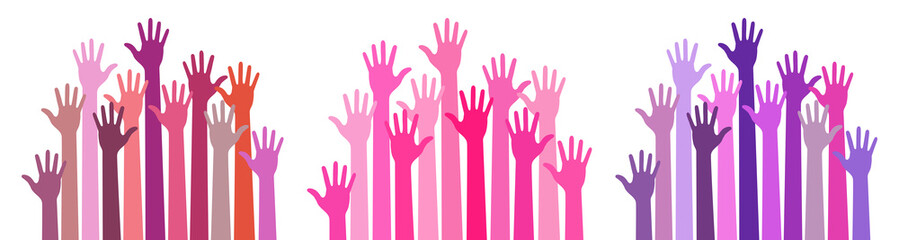 Colorful caring up hands set. Logo design element. Volunteers hands up emblem icon for education, health care, medical, volunteer, vote. Vector illustration