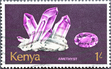 Kenya - circa 1977: a postage stamp from Kenya, showing in crystallized mineral semi-precious...