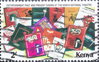 Kenya - circa 1979: a postage stamp from Kenya , showing posters for theater events. TEXT:...