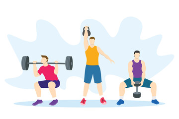 Fototapeta na wymiar weight training concept with group of man play with dumbell with modern flat style