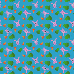 Seamless pattern. Rabbits, Christmas trees, mushrooms in the blue background. It is well suited for wrapping paper, children's invitations, textiles and backgrounds.