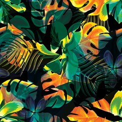 beautiful night background design wallpaper with colorful abstract tropical monstera coconut leaves and hibiscus frangipani flower plant foliage on dark. Exotic shirt. Summer design. Floral background