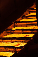 Liquid melting metal lift with conveyor. Metal alloy metallurgy plant (smelter).