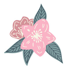 Isolated vector set of abstract colorful blossoming sakura flowers with green leaves