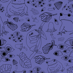 Seamless colorful vector pattern of phantasmagoria with lined mushrooms, eyes and frogs