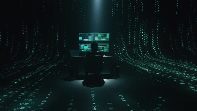 Minimalistic concept of alone hacker programmer surrounded by green programming codes in a dark ambient cyber space, sitting at a table with four monitors doing a hacking attack