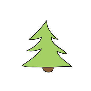 Fir tree simple cartoon icon. Vector illustration on a white background. Hand drawn element