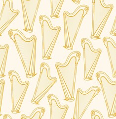 Harp, seamless pattern, yellow, contour pattern, vector. Yellow harps on a bright field. A thin, contoured drawing. Seamless background. Music. Vector. 
