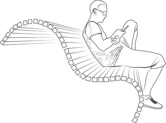 Contour image of a young man sitting on a bench with a phone in his hand vector illustration