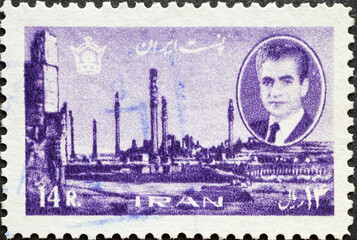 Iran - circa 1966: a postage stamp from Iran , showing a portrait of Mohammad Rezā Shāh Pahlavī...