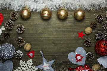 New Year card. Festive decor on a wooden background.