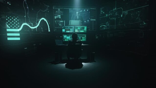 A hacker has launched a massive cyberattack on corporate government servers with the intent of revolutionizing or influencing elections. Around it are virtual screens with interfaces.