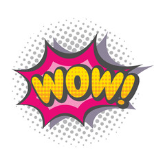 Wow comic cartoon lettering, pop art style. Wow! star explosion vector colorful illustration.