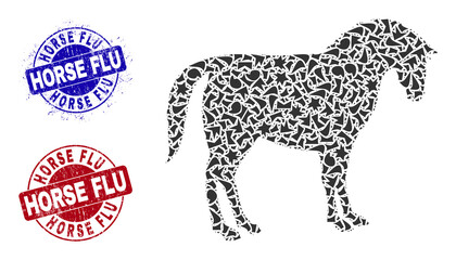 Round HORSE FLU textured seals with tag inside round shapes, and spall mosaic horse icon. Blue and red seals includes HORSE FLU text. Horse mosaic icon of debris parts.