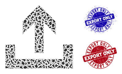Round EXPORT ONLY dirty stamp seals with text inside circle shapes, and fragment mosaic upload icon. Blue and red seals includes EXPORT ONLY tag. Upload mosaic icon of fragment parts.