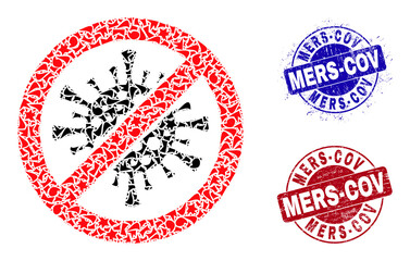 Round MERS-COV unclean stamp prints with word inside round shapes, and detritus mosaic stop coronavirus icon. Blue and red stamp seals includes MERS-COV tag.