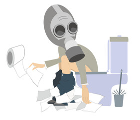 Man with diarrhea (food poisoning) sitting in the toilet illustration. Man in the gas mask sitting in the toilet and using a lot of tissue illustration