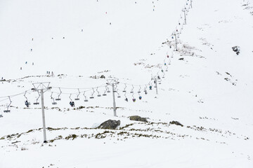 The cable car with ski tourist at Skalnate Pleso mountain, Slovakia Hight Tatras.