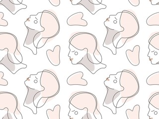 Seamless pattern with Young woman portrait, Gua sha stones line art. In fashionable linear style in pastel tones. Rose quartz Stone. Repeated Vector illustration for wallpaper, textile, packaging.