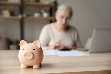 Fototapeta Toy pink piggy bank on work table of senior tenant, homeowner woman. Elderly lady using calculator, counting savings, taxes. Finance management, financial insurance, personal budget concept obraz