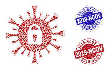 Round 2019-NCOV textured stamps with caption inside round forms, and debris mosaic coronavirus lockdown icon. Blue and red stamps includes 2019-NCOV text.