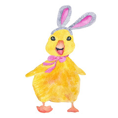 Watercolor cheerful Easter duckling with bunny ears