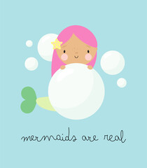Cute mermaid with bubble in cartoon style. For kids stuff, card, posters, banners, books, printing on the pack, printing on clothes, fabric, wallpaper, textile or dishes. Vector illustration.