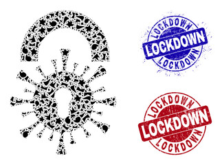 Round LOCKDOWN rough stamps with tag inside round forms, and spall mosaic viral lockdown icon. Blue and red stamp seals includes LOCKDOWN tag. Viral lockdown mosaic icon of fraction items.