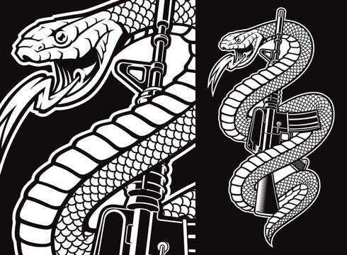 A vector illustration of a snake with an M16 rifle