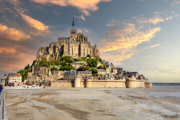 View of the beautiful cathedral Le Mont Saint-Michel in Normandy, France, beautiful historic...