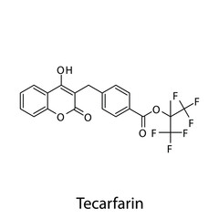 Tecarfarin molecular structure, flat skeletal chemical formula. Vitamin K antagonist anticoagulant drug used to treat Thrombosis, prevention of stroke. Vector illustration.