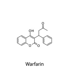 Warfarin molecular structure, flat skeletal chemical formula. Vitamin K antagonist anticoagulant drug used to treat Thrombosis, prevention of stroke. Vector illustration.