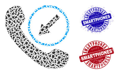 Round SMARTPHONES rough stamps with caption inside round shapes, and debris mosaic incoming call icon. Blue and red stamps includes SMARTPHONES caption.