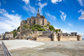 View of the beautiful cathedral Le Mont Saint-Michel in Normandy, France, beautiful historic...