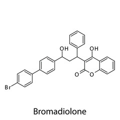 Bromadiolone molecular structure, flat skeletal chemical formula. Vitamin K antagonist Rodenticide drug used to treat Pest control. Vector illustration.