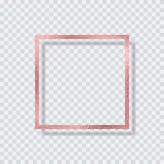 Rose gold foil smudge frame. Pink sparkle glitter texture decor isolated on transparent background. Vector shiny gold metal border for artwork


