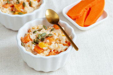 Porridge with pumpkin and pumpkin seed, healthy food, diet, vegan food, close-up