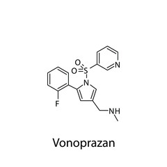 Vonoprazan molecular structure, flat skeletal chemical formula. Potassium-competitive acid blocker drug used to treat Esophagitis, peptic ulcer disease. Vector illustration.