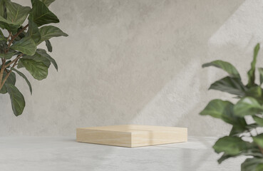 Mockup wood podium for product presentation podium with concrete background.,3d model and illustration.