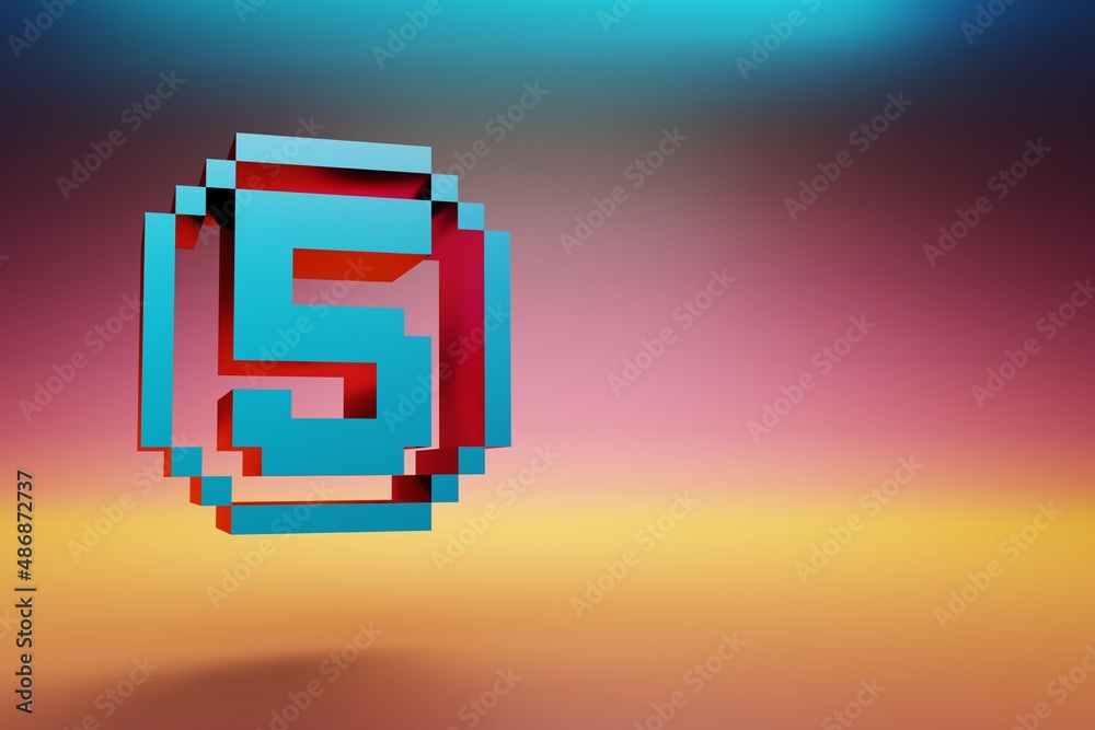 Poster Pixel number 5. Beautiful Blue Five icons symbol on multicolor bright background. 3d rendering illustration. Background pattern for design.