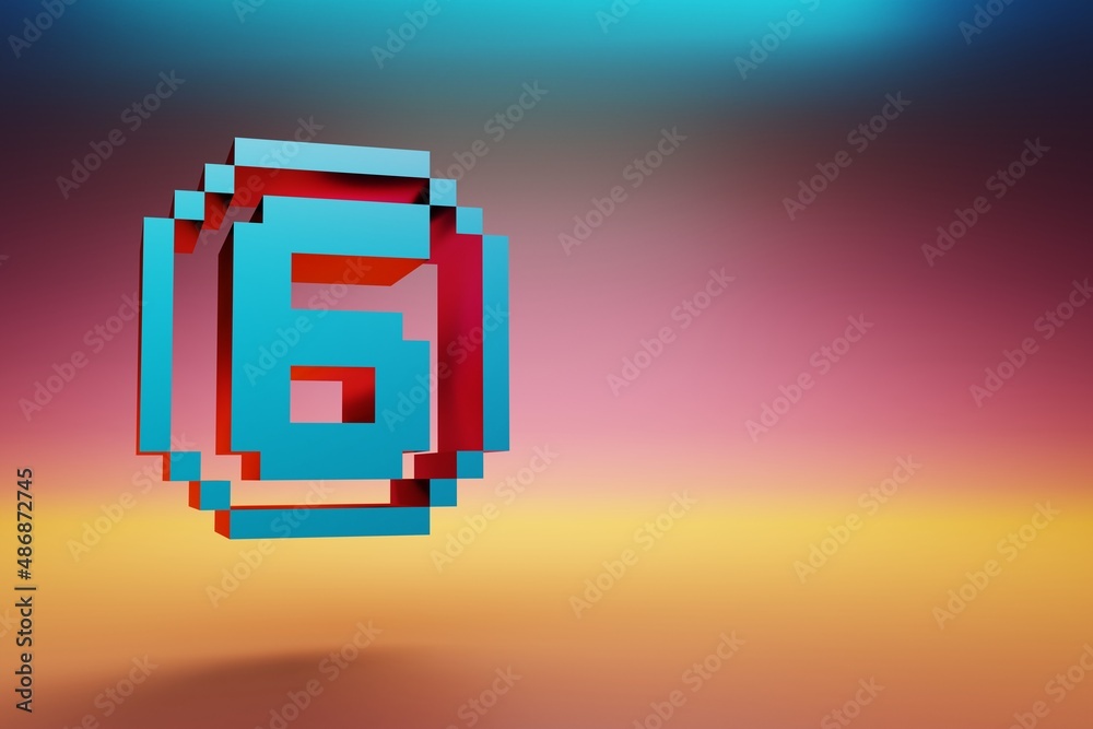 Poster Pixel number 6. Beautiful Blue Six icons symbol on multicolor bright background. 3d rendering illustration. Background pattern for design.