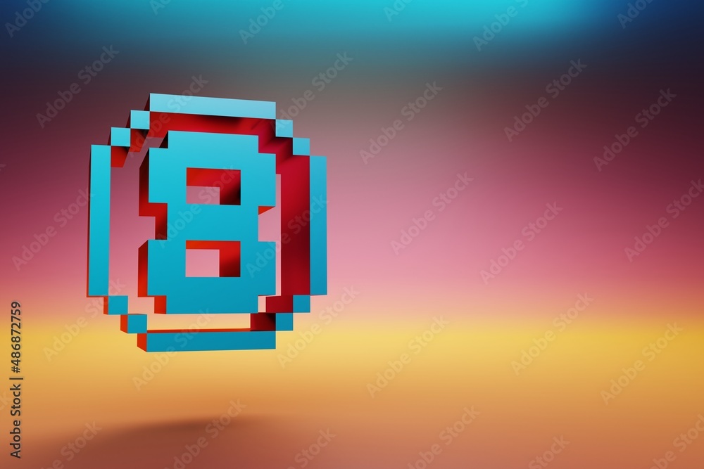 Poster Pixel number 8. Beautiful Blue Eight  icons symbol on multicolor bright background. 3d rendering illustration. Background pattern for design.