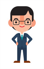 Flat design businessman wears glasses character with  his arm on waist. Character illustration