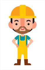 Cartoon cute construction worker character wears safety helmet and costume with his arm on waist. Flat design illustration