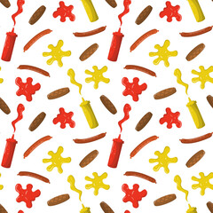 Cartoon flat sausages, burger patties, mustard, and ketchup in plastic bottles seamless pattern. Isolated on a white background. Design for wrapping, party decoration.