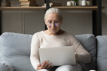 Focused smiling old laptop user woman in glasses chatting online, studying from home, watching learning webinar, video lesson, movie, using virtual app for work or leisure on couch at home