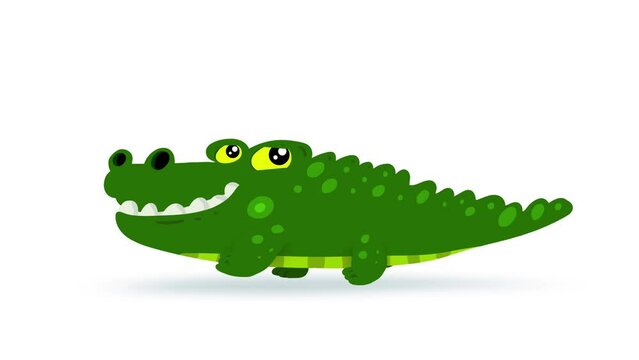 Alligator crocodile cartoon animal, animation character. Blinking eyes, seamless loop ealking, alpha channel.
